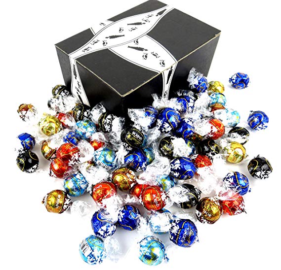 Lindt LINDOR Truffles 6-Flavor Variety: One 2 lb Assorted Bag of Milk Chocolate, Dark Chocolate, 60% Extra Dark Chocolate, White Chocolate, Stracciatella, and Hazelnut Milk Chocolate in a BlackTie Box