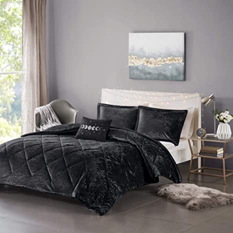 Intelligent Design Felicia Luxe Comforter Velvet Lush Double Sided Diamond Quilting Modern All Season Bedding Set with Matching Sham, Decorative Pillow, Full/Queen(90"x90"), Black 4 Piece