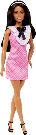 Barbie Fashionistas Doll #209 with Black Hair Wearing a Pink Plaid Dress, Pearlescent Headband and Strappy Heels, 3 years and older