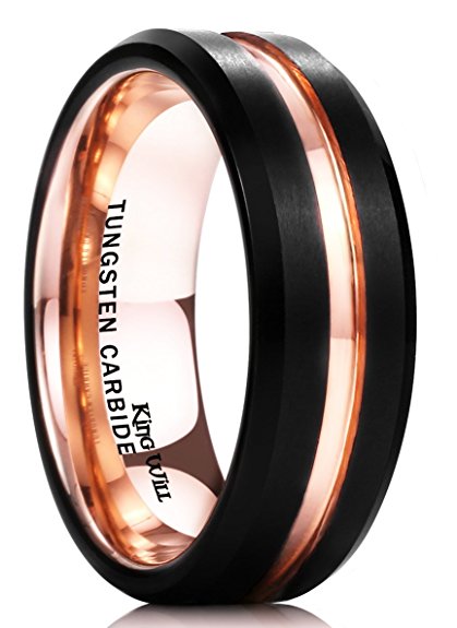 King Will DUO 7mm Mens Black Tungsten Carbide Ring Matte Finish 18K Rose Gold Plated Wedding Band Beveled Edge Comfort Fit