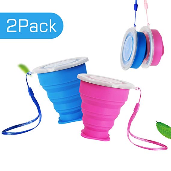 Eastshining Collapsible Travel Portable Cup Telescopic Outdoor Camping Mug with Food-Grade Silicone Pocket-Sized Drinking Water Wine for Hiking Picnic 6.7oz（200ml） with Lid-Blue and Rose Red