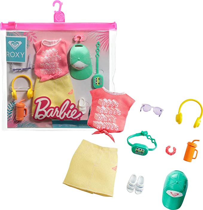 Barbie Storytelling Fashion Pack of Doll Clothes Inspired by Roxy: Red Graphic Top & Yellow Roxy Skirt with 7 Accessories Dolls Including Headphones, Gift for 3 to 8 Year Olds