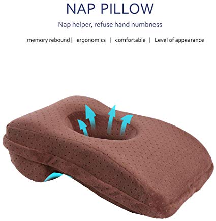 SOMIDE Nap Sleeping Face Pillow, Memory Foam Slow Rebound Face Down Desk Pillow Sleeper Back Support, Hollow Design, Removable Washable Velvet Cover Brown