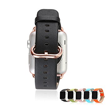 Apple Watch Band,iSank Premium Leather Replacement Strap Wrist Band [Come with Rose Gold Modern Buckle and Metal Clasp] for Apple Watch & Sport & Edition 42mm-Black