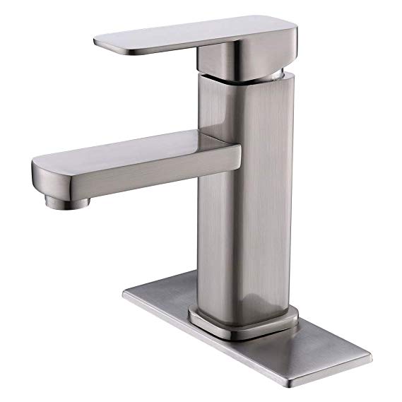 VOKIM Brushed Nickel Bathroom Faucet Single Hole,Modern Square Single Handle Bathroom Sink Washbasin Vanity Sink Faucet with Deck