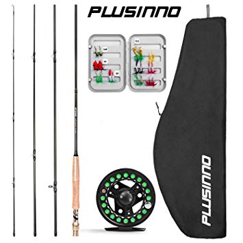 PLUSINNO Fly Fishing Rod and Reel Combo, 4 Piece Lightweight Ultra-Portable Graphite Fly Rod 5/6 9’ Complete Starter Package with Carrier Bag