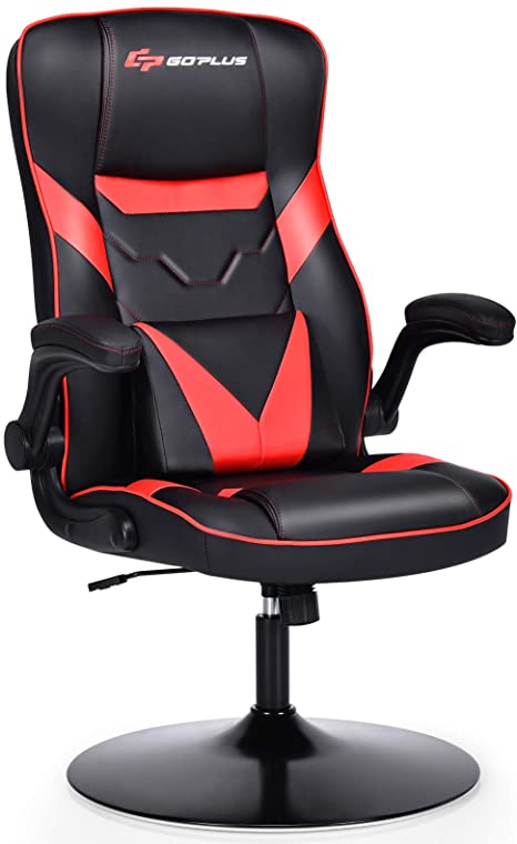 COSTWAY Gaming Chair, High Back Leather Rocking Racing Chairs with Adjustable Armrest and Lumbar Support, Ergonomic Swivel Computer Desk Chairs for Home Office (Red Black)