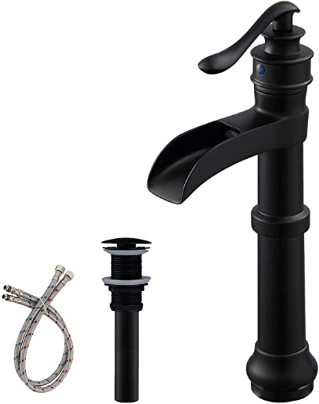 Aquafaucet Single-Handle Vessel Sink Faucet with Drain Assembly and Supply Hose Lead-free Lavatory Waterfall Bathroom Faucet Mixer Tap Deck Mounted Matte Black