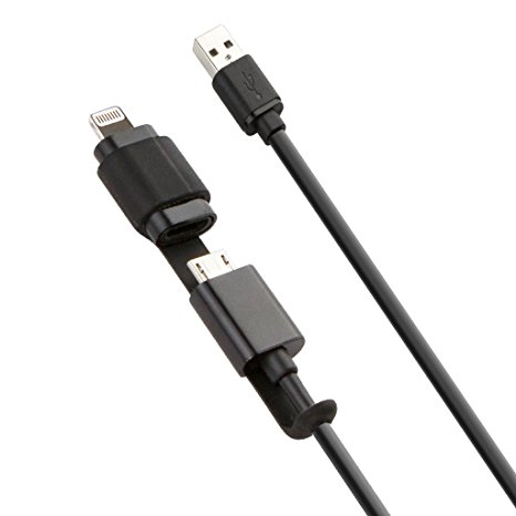 KEY 2-in-1 Micro USB Cable with [Apple MFi-Certified] Lightning adapter, 3.2 Feet - Retail Packaging - Black