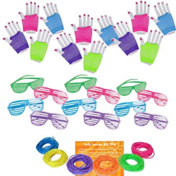 Multiple 80s Rock Star or Pop Dress-Up Set for 12 - 12 Pairs Fingerless Fishnet Wrist Gloves, 12 Sunglasses, 144 Neon Gel Bracelets and 80s Trivia Questions