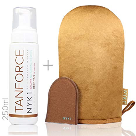 NYK1 TanForce with NYK1 MegaMitt - Invisible, Low Odour Self-Tanning DEEP TAN Force Fake Developing Skinny Look Tan Tanning Mousse. The 1st BOYFRIEND Friendly Tan!