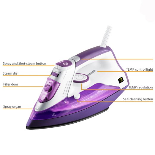 ZZ ES391-P 1500 Watt Steam Iron with Stainless Steel Soleplate and Detachable Water Tank, Purple