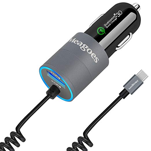 Meagoes Fast USB C Car Charger, Dual Quick Charge 3.0 Outputs(36W) for LG V35/G7 ThinQ/V30/G6, Samsung Galaxy S9/S9 Plus/S8/S8 /Note 8, HTC U12 /U11, with Coiled Type C Rapid Charging Cable Cord