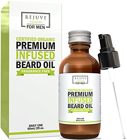 Certified Organic Beard Oil with Argan, Jojoba & Fractionated Coconut Oil by RejuveNaturals, 2 oz | For a Long, Thick Beard and Healthy Growth | Unscented