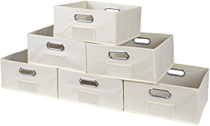 Niche Cheer Home Foldable Fabric Low Square Bins Collapsible Cloth Cube Storage Basket, Set Of 6, Beige