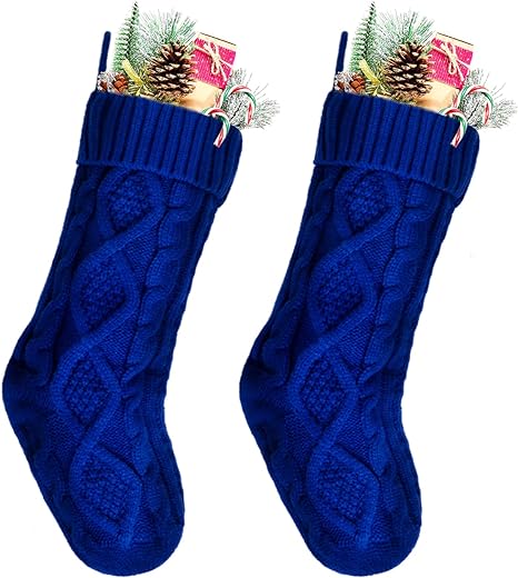 Kunyida Christmas Stockings Bulk, 18 Inch Blue Cable Knit Stockings for Xmas Holiday Decoration, 2 Pack