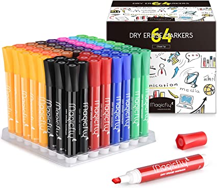 Magicfly Dry Erase Markers Bulk with Chisel Tip, Pack of 64, Low-Oder Ink 12 Colored Dry Erase Markers, Whiteboard Pens Perfect for School, Office, Home, Art Supplies