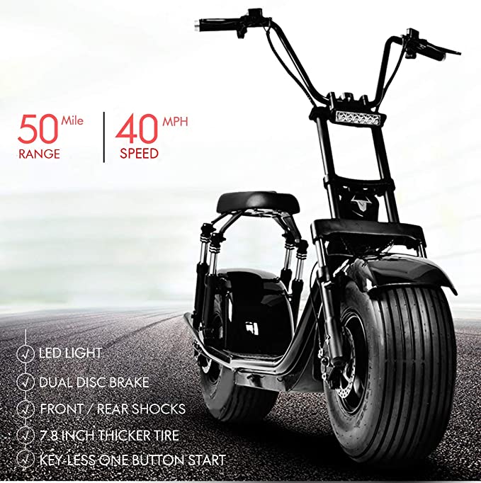 Winkine 2000W Electric Moped Fat Tire Scooter with Front/Rear Shocks, Dual Disc Brakes One Button Start Electric Fat Tire Motor Bike for Adult with 2 Seats/Backrest/Cargo/Helmet，60V 21.8Ah