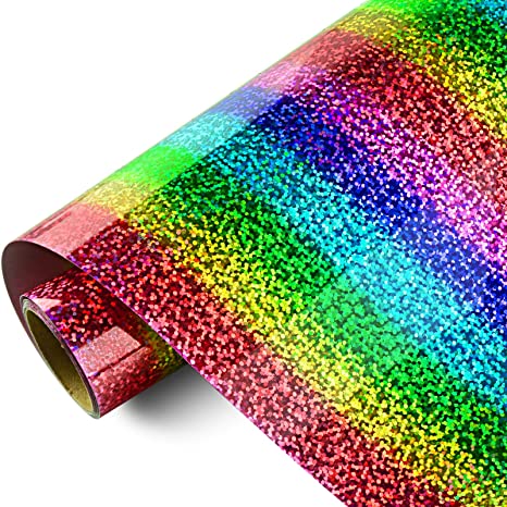 KISSWILL Rainbow Heat Transfer Vinyl, 12 inch x 5 Feet Holographic Iron on Vinyl Rolls HTV for Clothing and Other Fabric