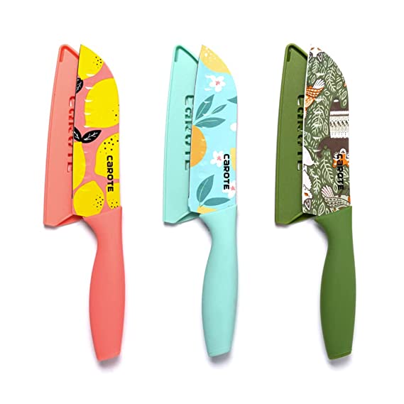 Carote Stainless Steel Kitchen Knife Set, Chef's Knife Set, Color Printing Santoku Knife & Non-Slip Handle with Blade Cover, Set of 3(Blue, Green, Pink)