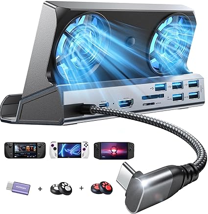 LISEN Legion Go/ROG Ally/Steam Deck Dock, 10-in-1 Steam Deck Docking Station with 5 USB 3.0&2.0, Dual Cooling Fan, HDMI 4K@60Hz, Gigabit Ethernet, 100W Charging for Valve Stream Deck/Lenovo Legion Go