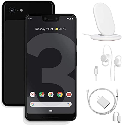 Google Pixel 3 Unlocked Smartphone - 64GB Memory Cell Phone, Just Black, w/Charging Stand, Wired Earbuds and Google Charger - Bundle Set