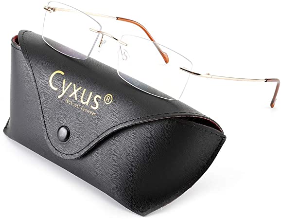 Cyxus Titanium Glasses for Men/Women, Blue Light Blocking Eyewear [Ultra Light] Anti Eye Strain Rimless Eyeglasses Reduce Headache Half Frames Gold