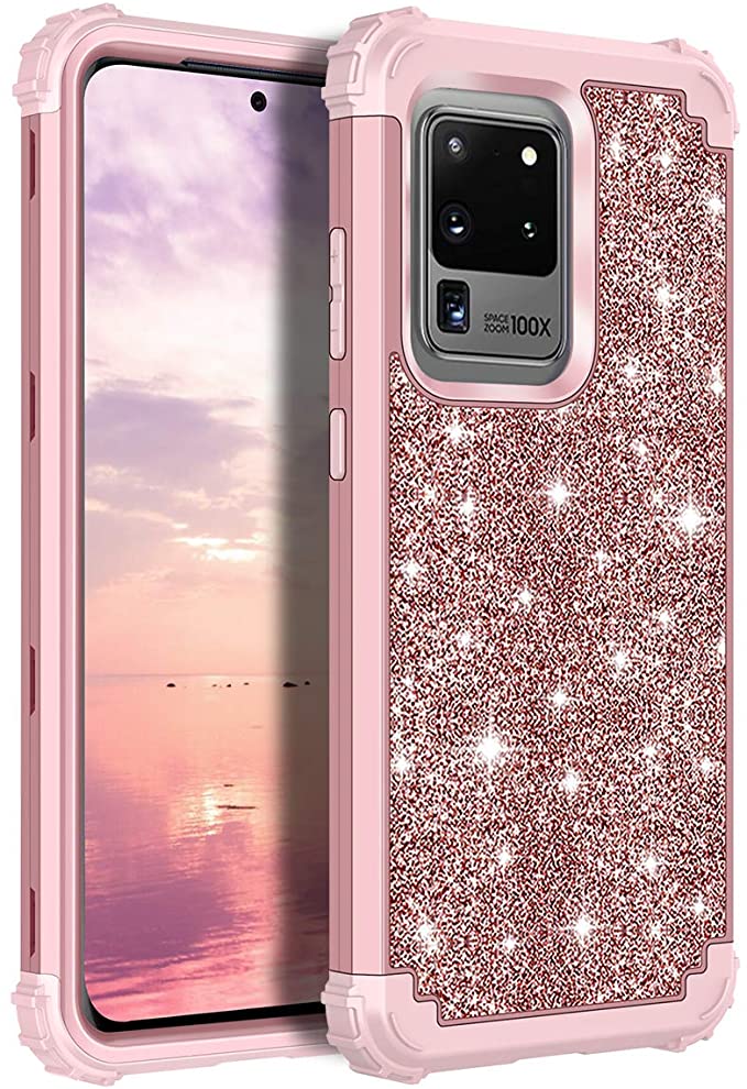 LONTECT for Galaxy S20 Ultra Case Glitter Sparkle Bling Heavy Duty Hybrid Sturdy High Impact Shockproof Protective Cover Case for Samsung Galaxy S20 Ultra 5G 6.9 inch 2020, Shiny Rose Gold