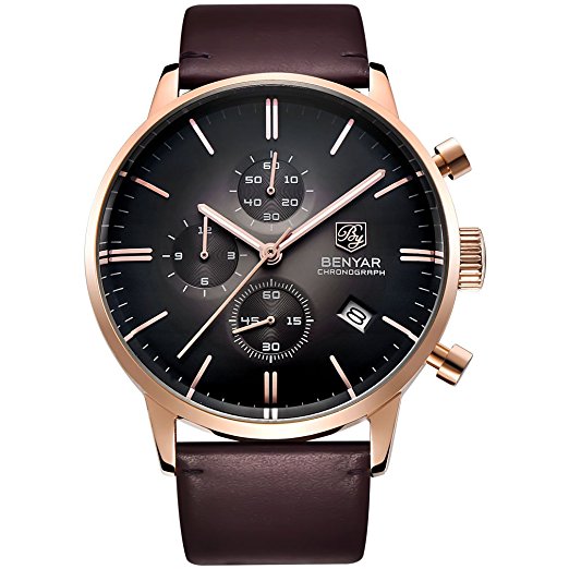 BENYAR Chronograph Waterproof Wrist Watches Business Casual Gentleman Leather Band Strap