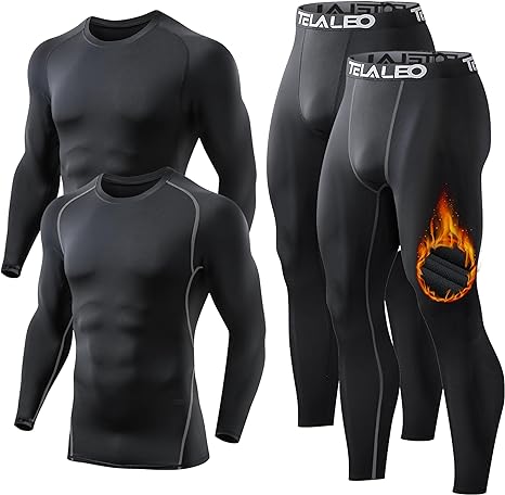 TELALEO Men's Thermal Underwear Sets Long Sleeve Compression Shirts, Winter Gear Sports Base-Layer Top Bottom Sets