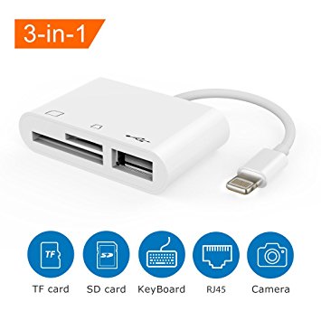 SD Card Reader, 3 in 1 Lightning to USB Camera Connection Kit SD/TF Card Reader, Trail Game Camera SD Card Reader, Lightning to USB 2.0 Female OTG Adapter Cable for iPhone & iPad (White)