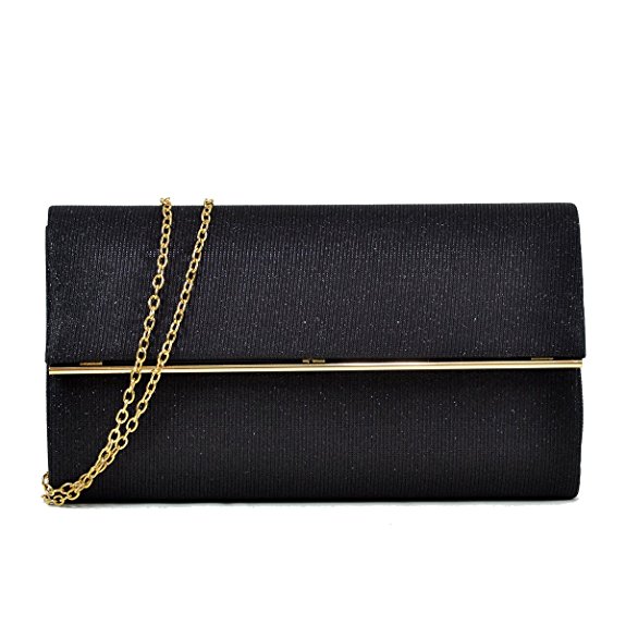 Women Evening Bag Glitter Clutch Purse Wedding Party Prom Handbag w/ Gold Crossbody Chain Strap Large