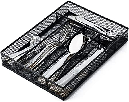 JANE EYRE Drawer Organizer Cutlery Tray  Kitchen Silverware Utensil Organizer Mesh Steel Flatware Storage Divider with Non-Slip Foam Feet, 5 Compartments - Black