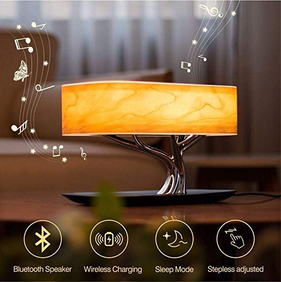 ZEEFO Bedside Table Lamp Built-in Bluetooth Speaker and Wireless Charger, Stepless Dimming Touch Desk Lamp with Sleep Mode Function Ideal for Bedroom, Office, Living Room