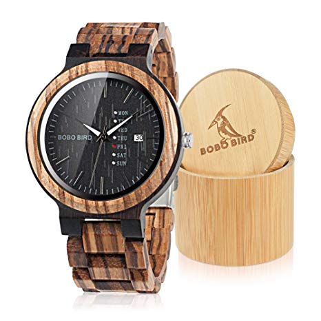 BOBO BIRD Mens Wooden Watch Analog Quartz with Week Display Lightweight Handmade Wood Wrist Watch for Men