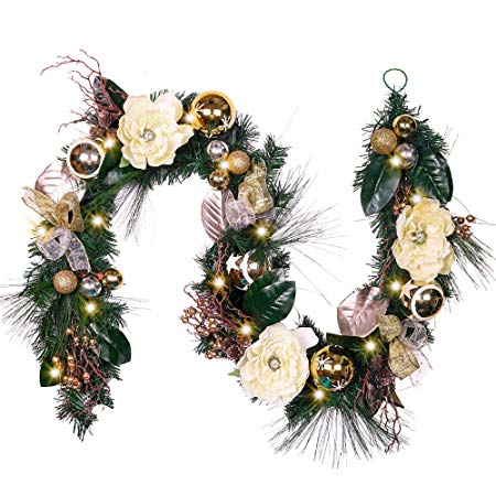 Valery Madelyn Pre-Lit 6 Feet/72 Inch Elegant Champagne Gold Christmas Garland with Ball Ornaments, Ribbon and Flowers, Battery Operated 20 LED Lights
