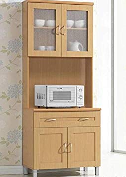 Hodedah Tall Standing Kitchen Cabinet with Top and Bottom Enclosed Cabinet Space, 1-Drawer, Large Open Space for Microwave in Beech