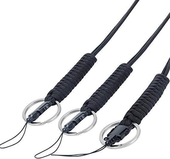 EOTW 3 Pack Military Grade Utility Necklace Paracord Lanyard Keychain Whistles Cord Wrist Strap Parachute Rope Badge Camera Cellphone Waterproof Case Holder with Metal Hook For Outdoor (3Black)