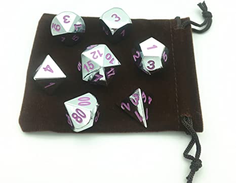 Momostar Polyhedral Metal Dice , Set of 7 for RPG D&D or Math Teaching (Chrome Surface Purple Numbers)