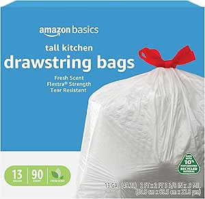 Amazon Basics Flextra Tall Kitchen Drawstring Trash Bags, Clean Fresh Scent,10% Post Consumer Recycled Content, 13 Gallon, 90 Count, Pack of 1