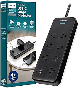 Philips 7-Outlet Adapter Spaced Surge Protector, 4ft Braided Cord, Power Strip with USB Charging, for Home School and Office, 1USB-A, 1USB-C, 1500J, Black, SPP9643B/37