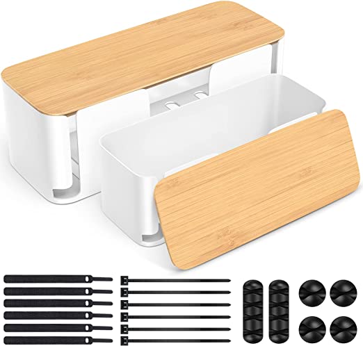 Yecaye Cable Management Box, Cord Box with Bamboo Lid, Large & Medium Cable Organizer Box to Hide Power Strip and Wires, Cord Box Organizer for Home & Office, Set of 2, White