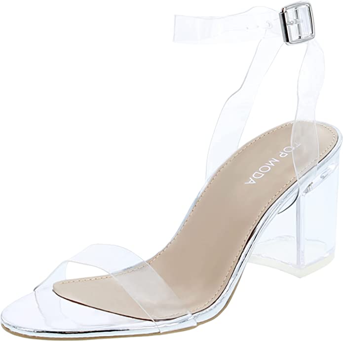 TOP Moda Women's Alma-70 Lucite Clear Strappy Block Chunky High Heel Open Peep Toe Sandal