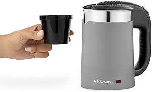 Navaris Compact Electric Travel Kettle - 0.5 L Travel Jug Kettle with Dual Walls and Boil Dry Protection - Small 1100W Grey Holiday Kettle w/ 2 Cups