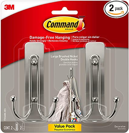 Command 17036BN-2ES Large Nickle Wall hooks, 2 Pack, Brushed Nickel