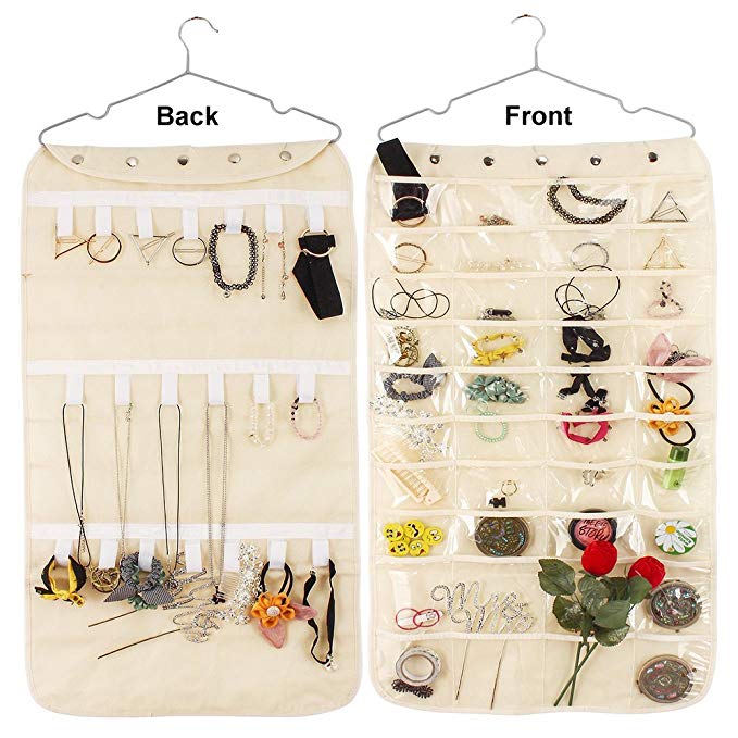 Hanging Jewelry Organizer Double Sided 40 Pockets & 20 Magic Tape Hook Storage Bag Closet Storage for Earrings Necklace Bracelet Ring Display Pouch-Huston Lowell (Beige)
