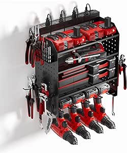 Power Tool Organizer with Charging Station, 4 Drills Holder Wall Mount Rack, 3 Layer Storage Rack,Side Pegboard with Screwdriver Holder/Plier Holder,etc, Garage Power Tool Storage with Power Strip