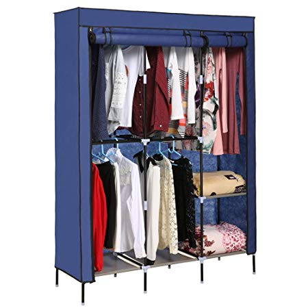 Aceshin Portable Wardrobe Fabric Double Rod Clothes Closet Storage Organizer Cabinet (Blue)