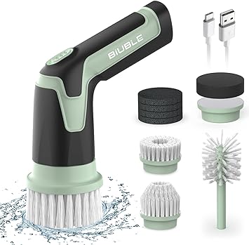 BIUBLE Electric Spin Scrubber, Electric Cleaning Brush with 8 Pcs Scrubbing Brush set, Power Spin Scrubber Cordless 2 Rotating Speeds for Kitchen cooking utensils, Cups and bottles, Window,Tile, Floor