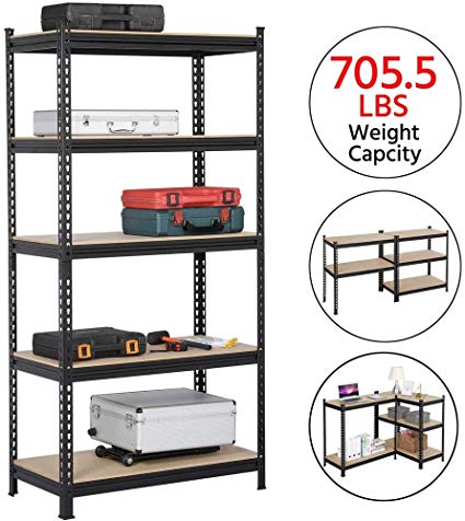 Yaheetech 5-Tier Metal Garage Shelves Storage Rack Shelf Unit Boltless Rivet Rack 73.2in H x 35.4in W x 17.7in Deep, 706lb Each Layer Black